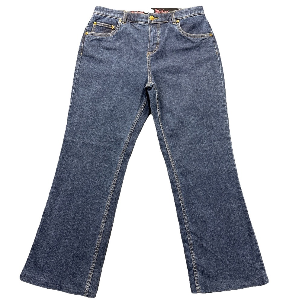 Woolrich Jeans Womens 10 Petite Bootcut Flare Stretch Blue Denim Workwear Biker